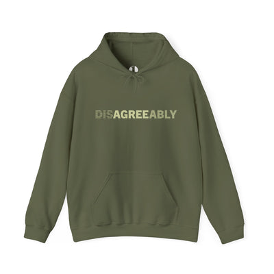 Military green hoodie with Disagree Agreeably graphic