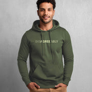 Military green hoodie on man with Disagree Agreeably graphic