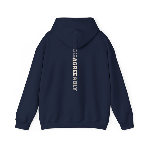 Navy blue hoodie with Disagree Agreeably graphic