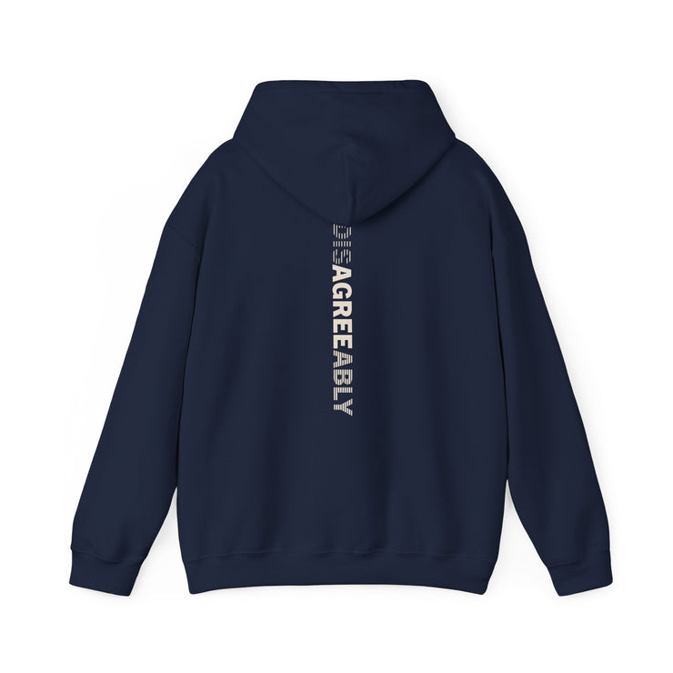 Navy blue hoodie with Disagree Agreeably graphic