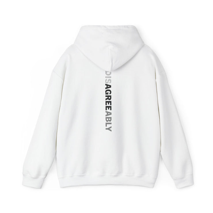 White hoodie with Disagree Agreeably graphic