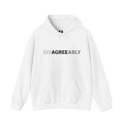 White hoodie with Disagree Agreeably graphic