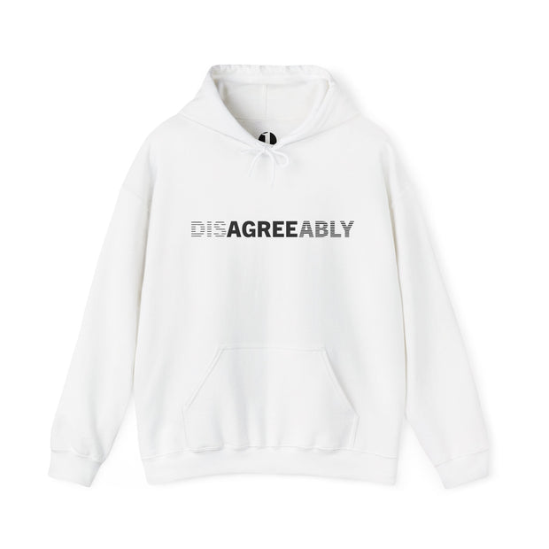 White hoodie with Disagree Agreeably graphic