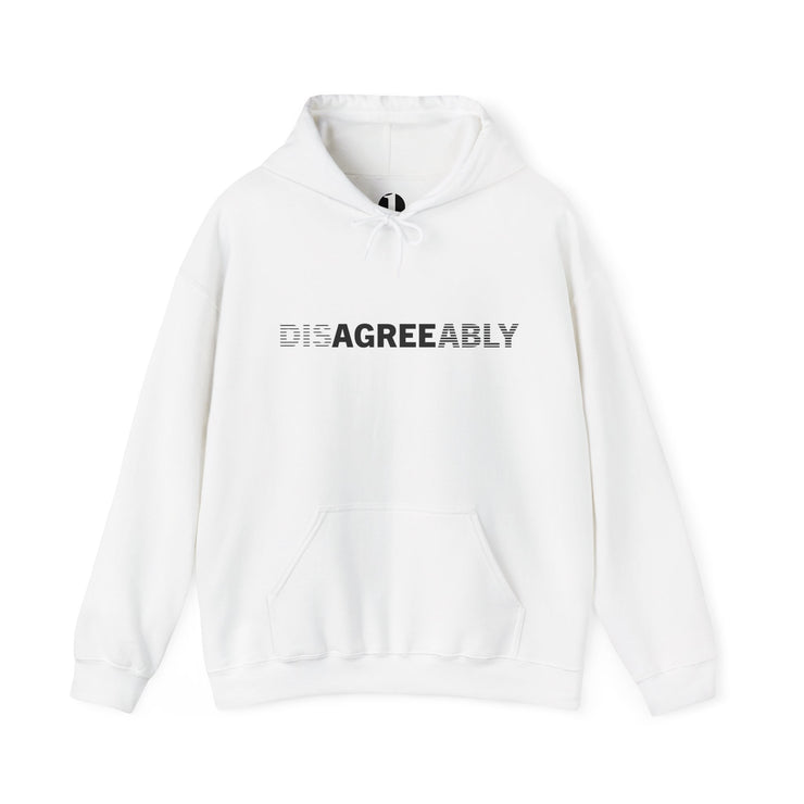 White hoodie with Disagree Agreeably graphic