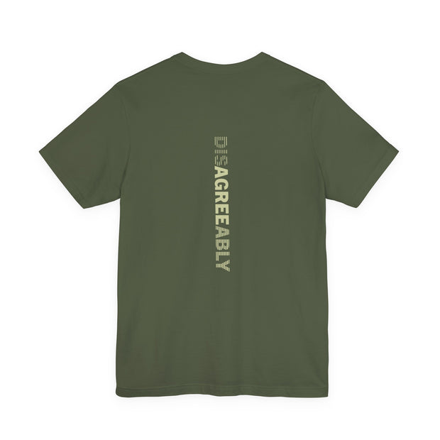 Military green T-shirt with Disagree Agreeably graphic