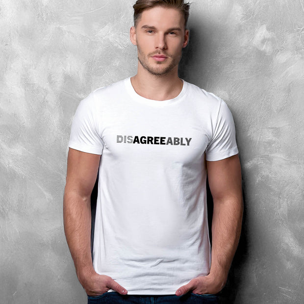 White T-shirt on man with Disagree Agreeably graphic
