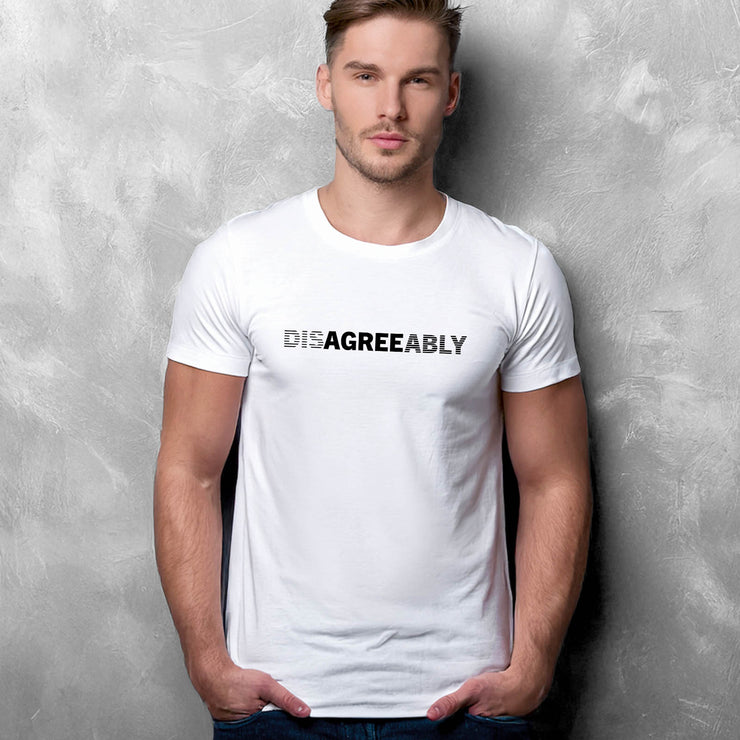 White T-shirt on man with Disagree Agreeably graphic