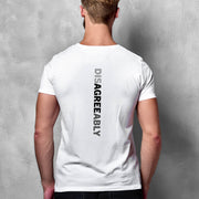 White T-shirt on man with Disagree Agreeably graphic