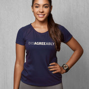 Navy T-shirt one young woman with Disagree Agreeably graphic