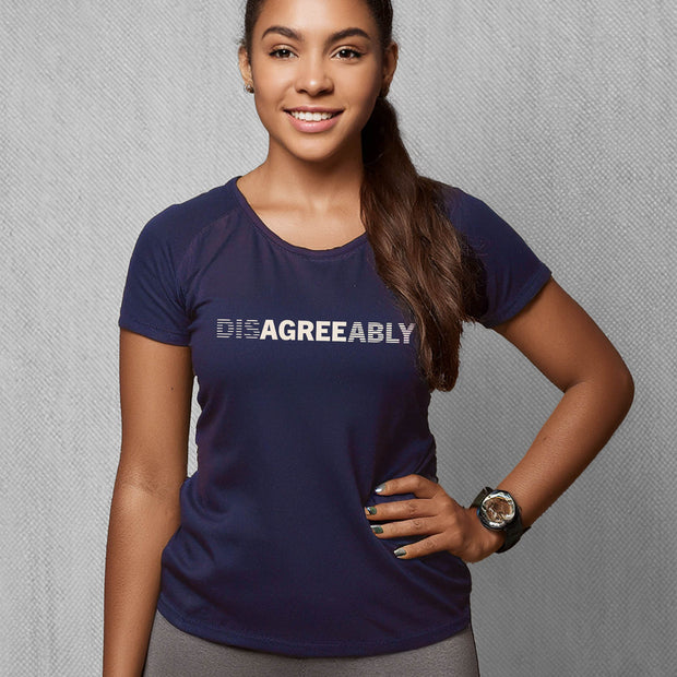 Navy T-shirt one young woman with Disagree Agreeably graphic