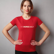 Red T-shirt on young woman with Disagree Agreeably graphic