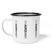 White enamel campsite mug with Disagree Agreeably graphic