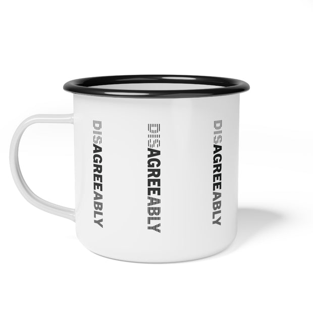 White enamel campsite mug with Disagree Agreeably graphic