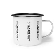 White enamel campsite mug with Disagree Agreeably graphic