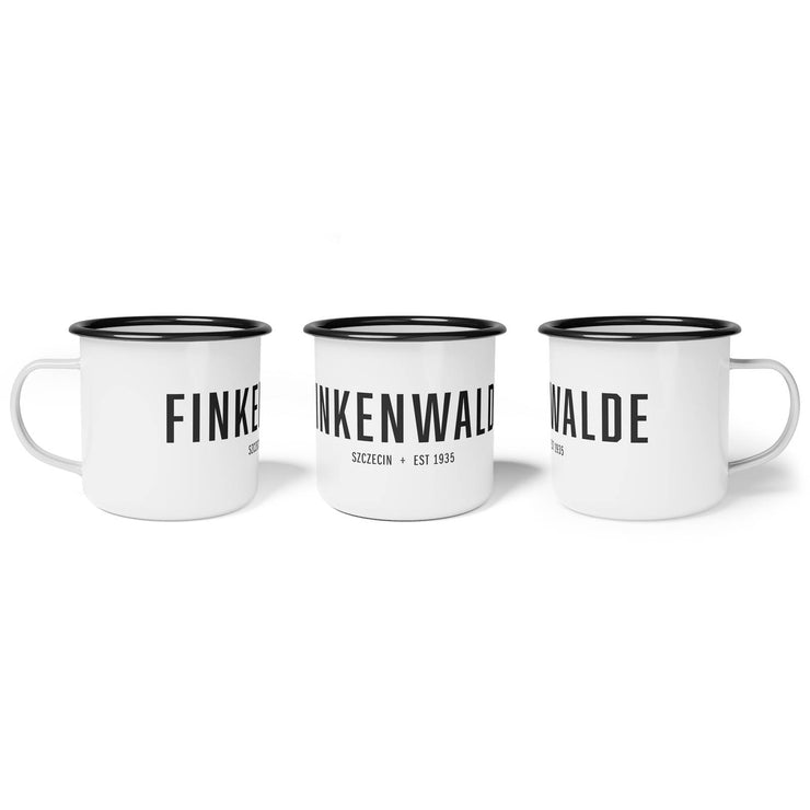 White campsite mug with Finkenwalde design