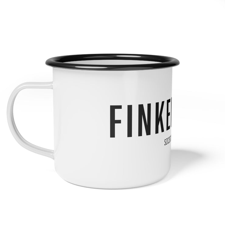 White campsite mug with Finkenwalde design