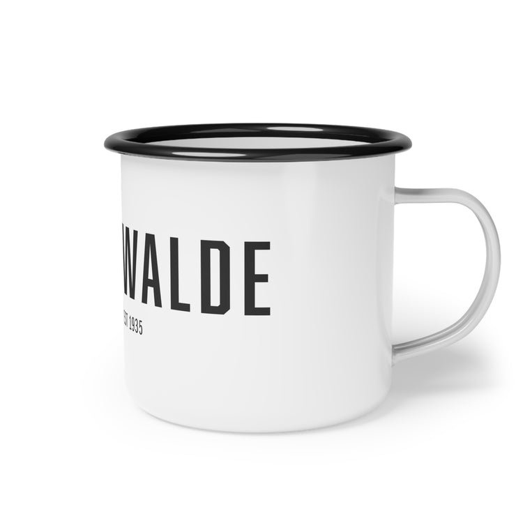 White campsite mug with Finkenwalde design