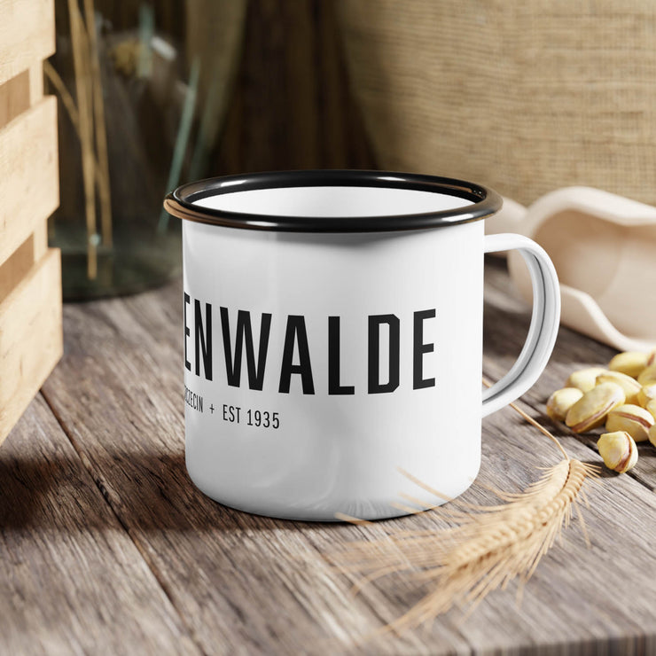 White campsite mug with Finkenwalde design