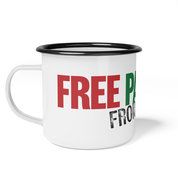 White mug with black rim and text 'Free Palestine from Hamas' graphic