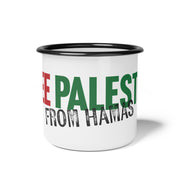 White mug with black rim and text 'Free Palestine from Hamas' graphic