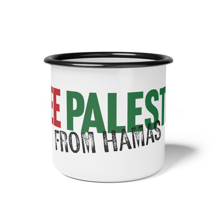 White mug with black rim and text 'Free Palestine from Hamas' graphic