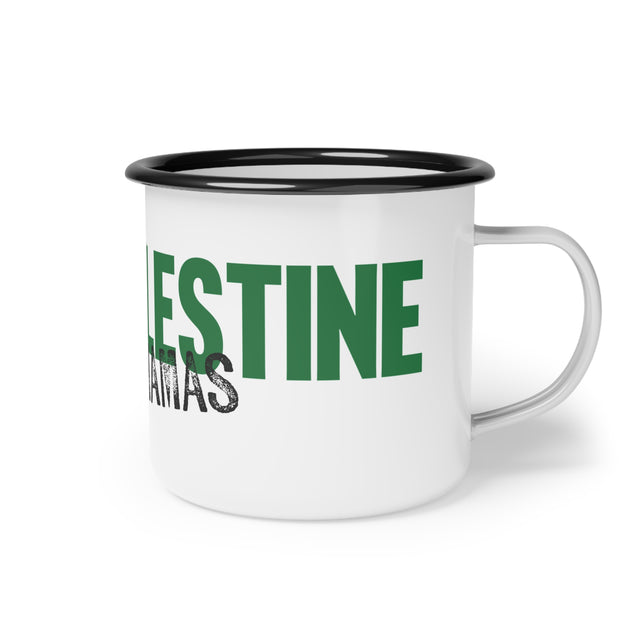 White mug with black rim and text 'Free Palestine from Hamas' graphic