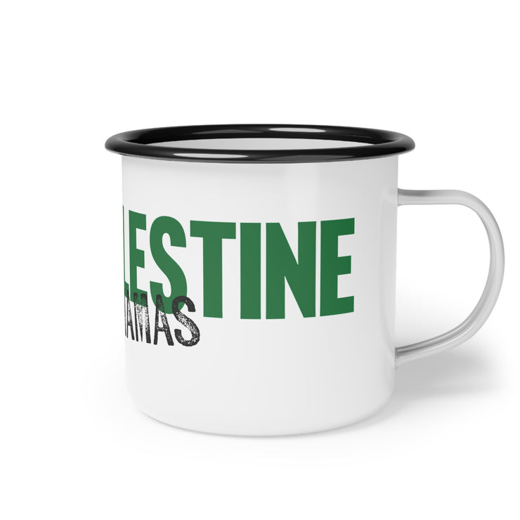 White mug with black rim and text 'Free Palestine from Hamas' graphic