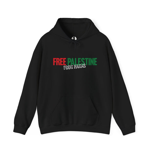 Black hoodie with 'Free Palestine from Hamas' text on a white background