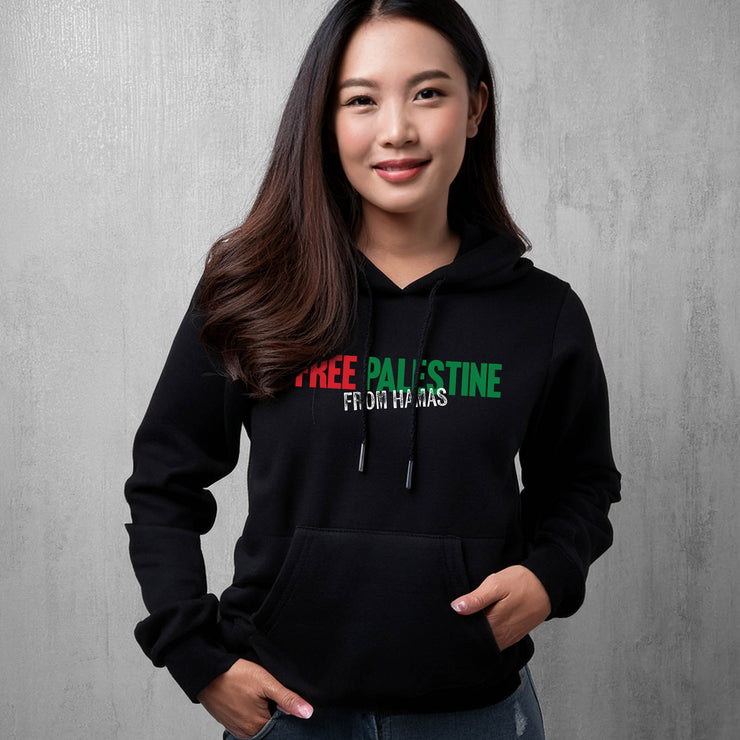 Person wearing a black hoodie with 'Free Palestine from Hamas' text on a gray background