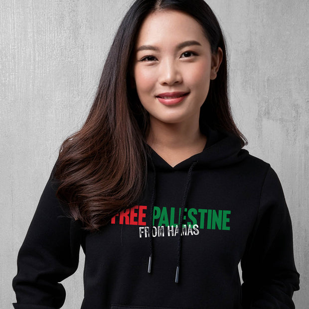 Woman wearing a black hoodie with 'Free Palestine From Hamas' text against a gray background