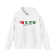 White hoodie with 'Free Palestine' text on a white background