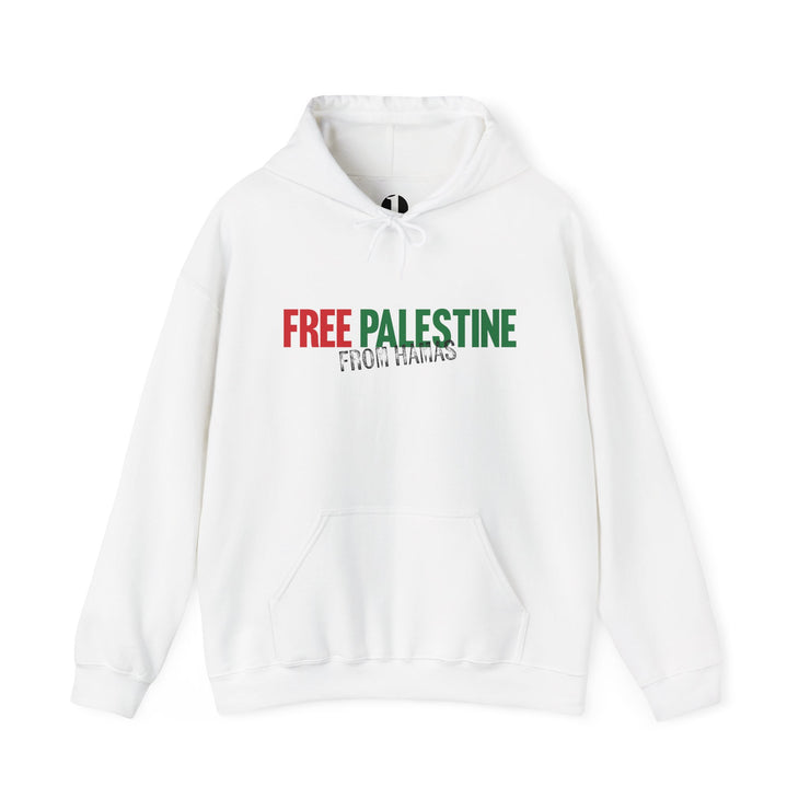 White hoodie with 'Free Palestine' text on a white background