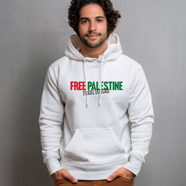 Man wearing a white hoodie with 'Free Palestine from Hamas' text on a gray background