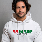 Man wearing a white hoodie with 'Free Palestine from Hamas' text on a gray background