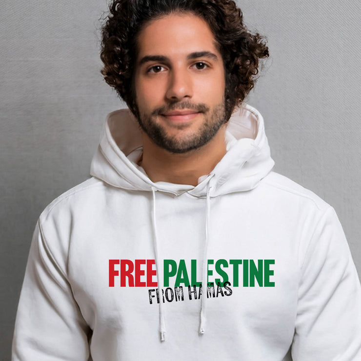 Man wearing a white hoodie with 'Free Palestine from Hamas' text on a gray background