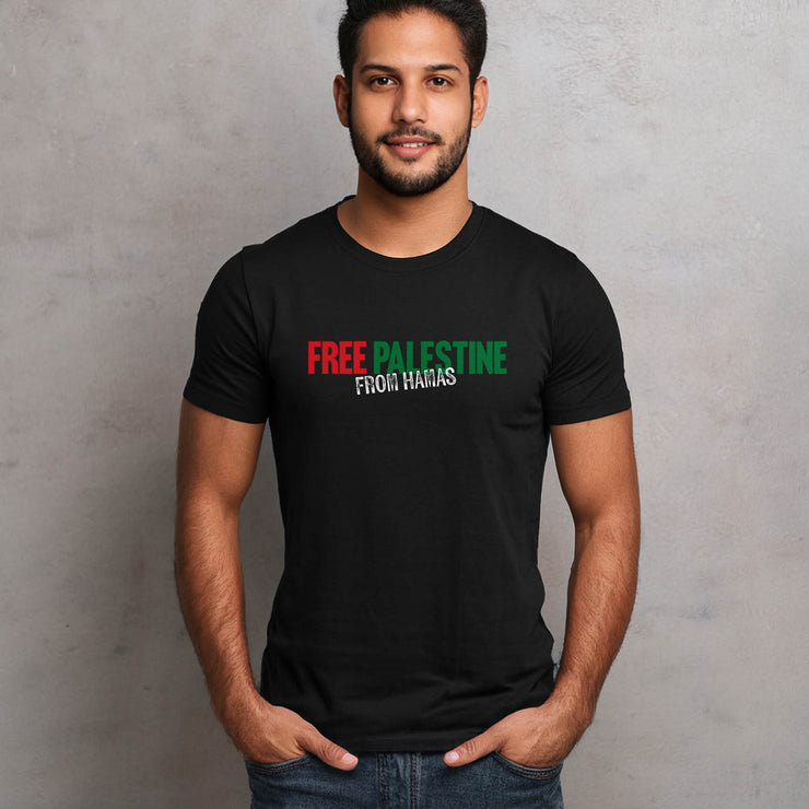 Man wearing a black t-shirt with 'Free Palestine From Hamas' text against a gray background