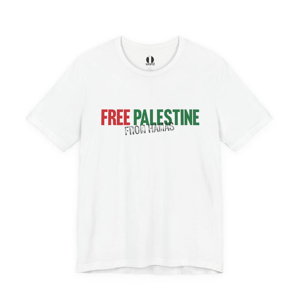 White t-shirt with 'Free Palestine from Hamas' text in red and green on a white background