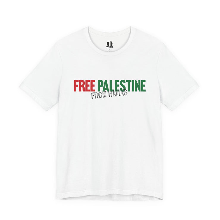 White t-shirt with 'Free Palestine from Hamas' text in red and green on a white background