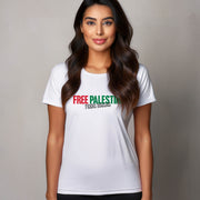 Woman wearing a white t-shirt with 'FREE PALESTINE' text on a plain background