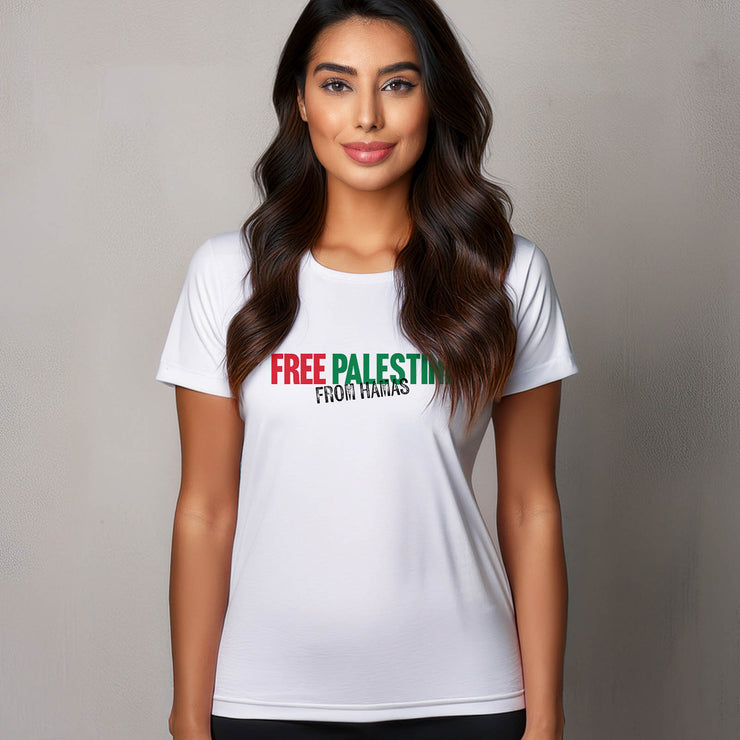 Woman wearing a white t-shirt with 'FREE PALESTINE' text on a plain background