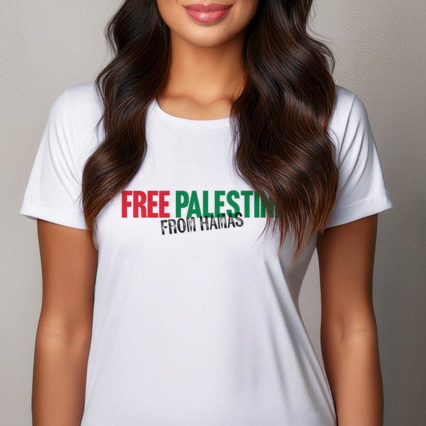 Woman wearing a white t-shirt with 'FREE PALESTINE FROM HAMAS' text.