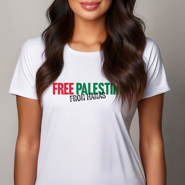 Woman wearing a white t-shirt with 'FREE PALESTINE FROM HAMAS' text.