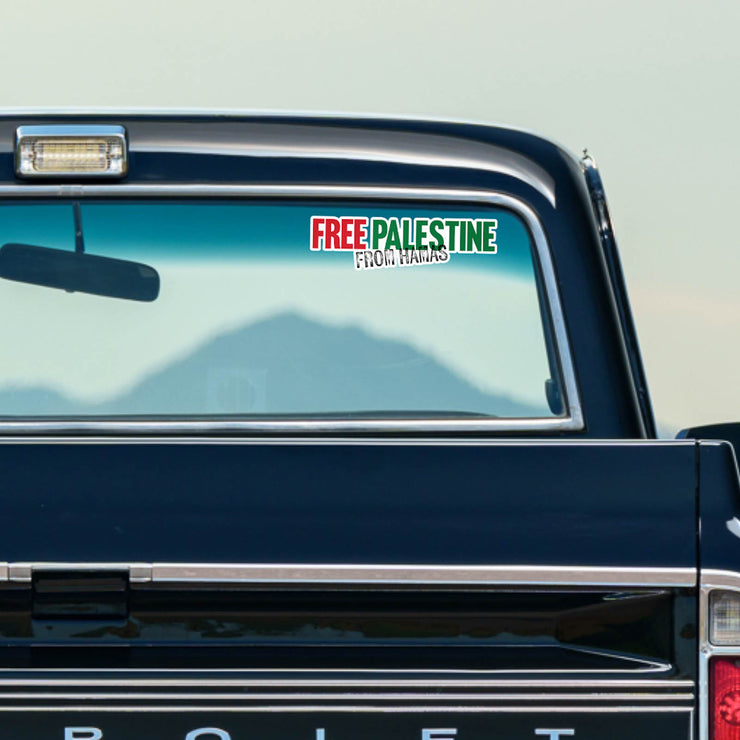 Free Palestine from Hamas vinyl decal on pickup truck window