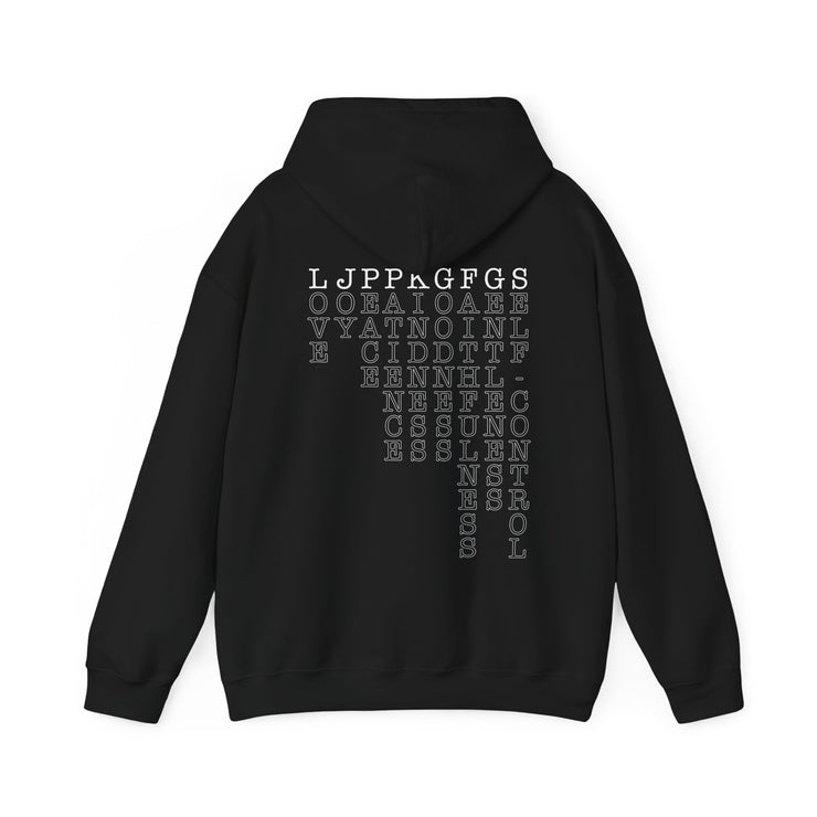 Black pullover hoodie with Fruit of the Spirit acrostic graphic based on Galatians 5