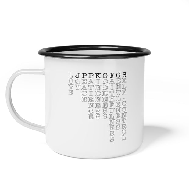 White enamel mug with black rim and handle featuring Fruit of the Spirit acronym.