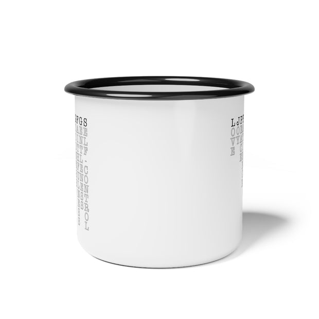 Front view of white enamel mug with black rim and handle featuring Fruit of the Spirit acronym.