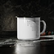 White enamel mug with black rim and handle featuring Fruit of the Spirit acronym.
