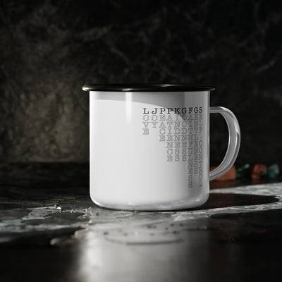 White enamel mug with black rim and handle featuring Fruit of the Spirit acronym.