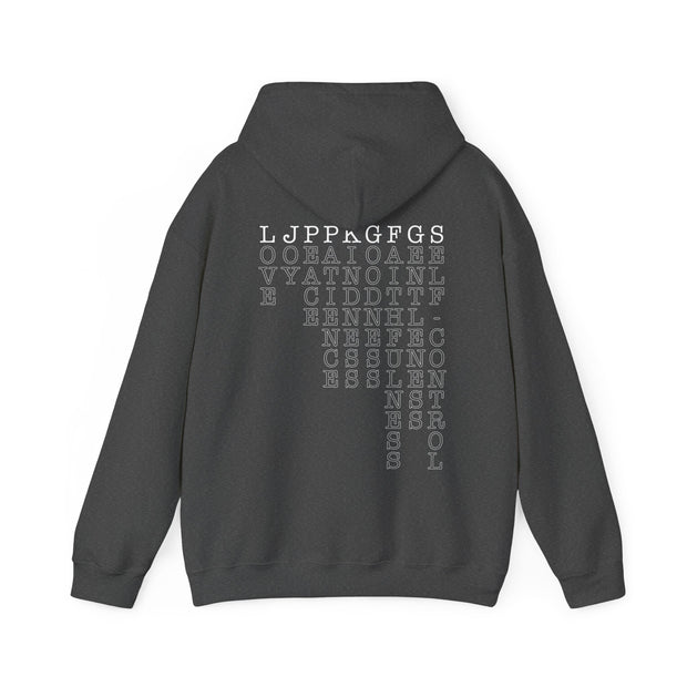 Dark gray heather pullover hoodie with Fruit of the Spirit acrostic graphic based on Galatians 5