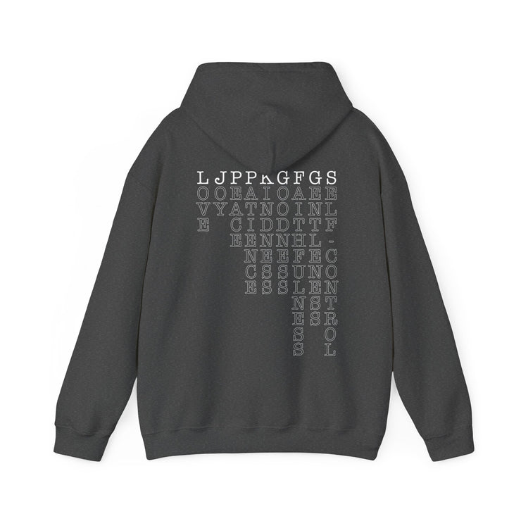 Dark gray heather pullover hoodie with Fruit of the Spirit acrostic graphic based on Galatians 5